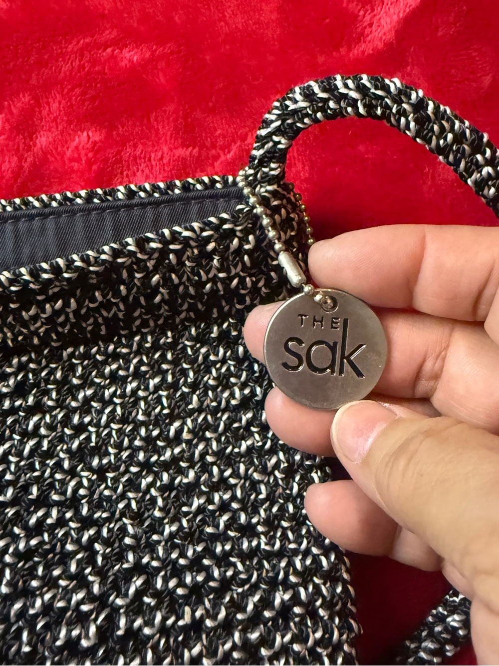 The Sak Vintage 90s Y2K Black Silver Knit Crochet Shoulder Bag Minimalist Boho - Picture 3 of 4